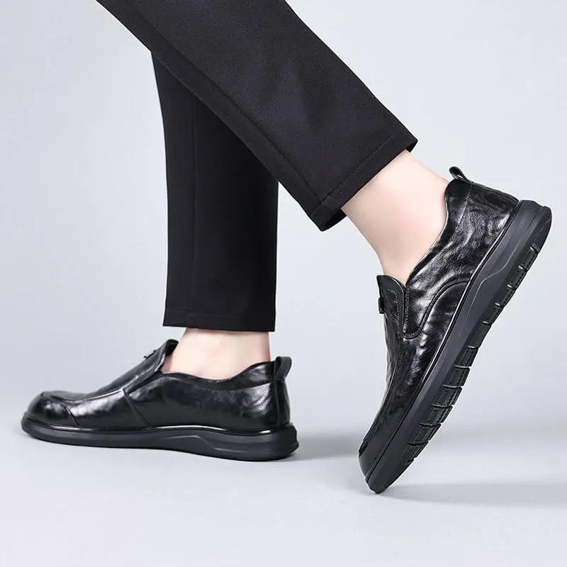 Men's Leather Flat Vintage Round Toe Soft Sole Non-Slip Slip-On Formal Business Work Driving Walking Shoes