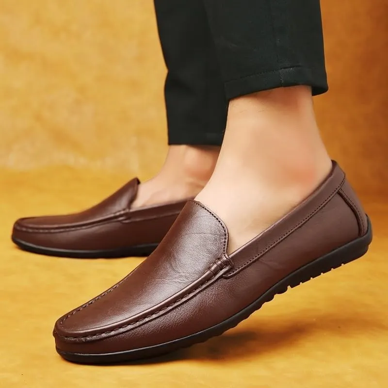 Men's Leather Loafers Apron Toe Solid Color Driving Loafers Anti-Slip Flat Heel Resistant Party Wedding Slip-On Smoking Shoes