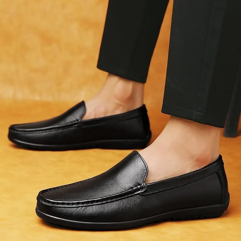 Men's Leather Loafers Apron Toe Solid Color Driving Loafers Anti-Slip Flat Heel Resistant Party Wedding Slip-On Smoking Shoes