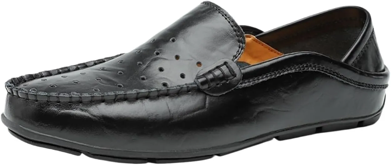 Men's Lightweight Leather Loafers – Breathable Driving Shoes with Flexible Anti-Slip Flat Heel, Classic Slip-Ons for Prom and Casual Wear