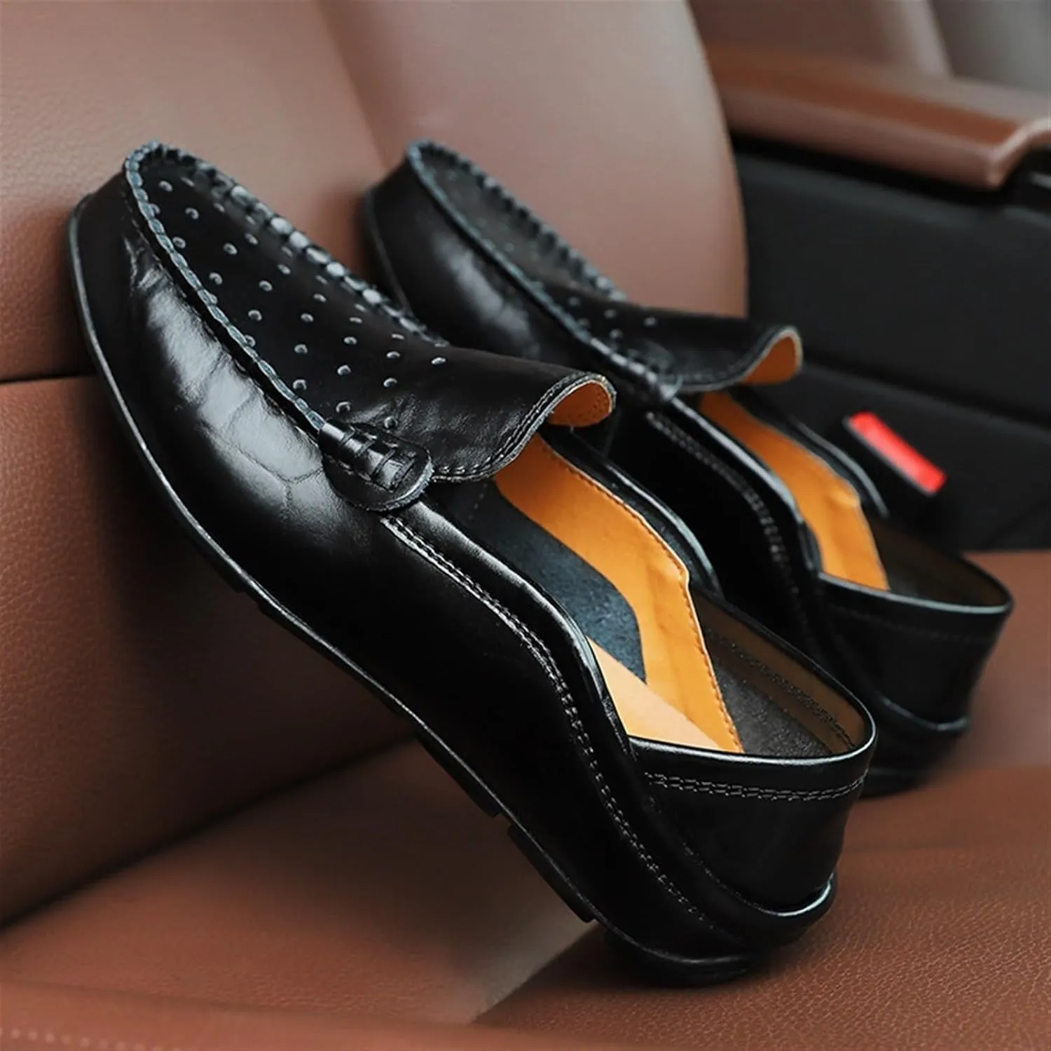 Men's Lightweight Leather Loafers – Breathable Driving Shoes with Flexible Anti-Slip Flat Heel, Classic Slip-Ons for Prom and Casual Wear