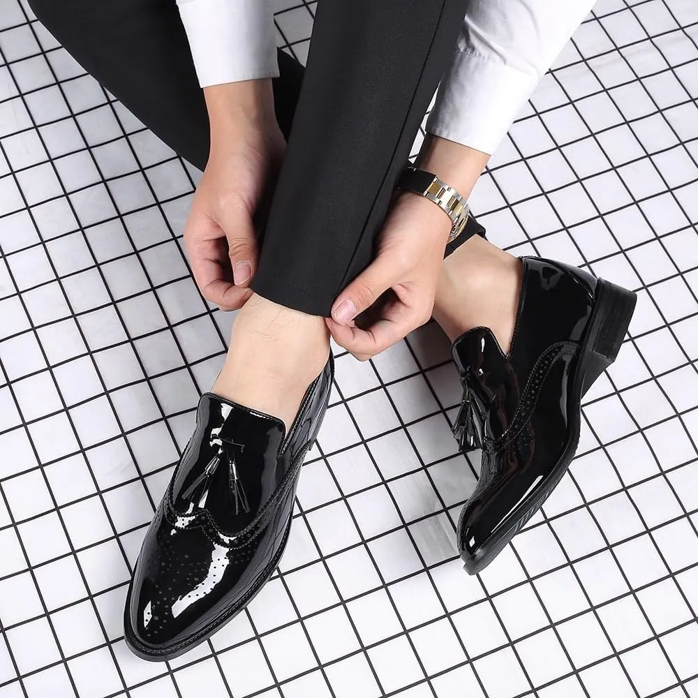 Men's Loafers - Comfortable Faux Leather Tassel Slip-Ons, Pointed Toe Design, Solid Color Wingtips with Anti-Slip Sole for Prom and Casual Wear