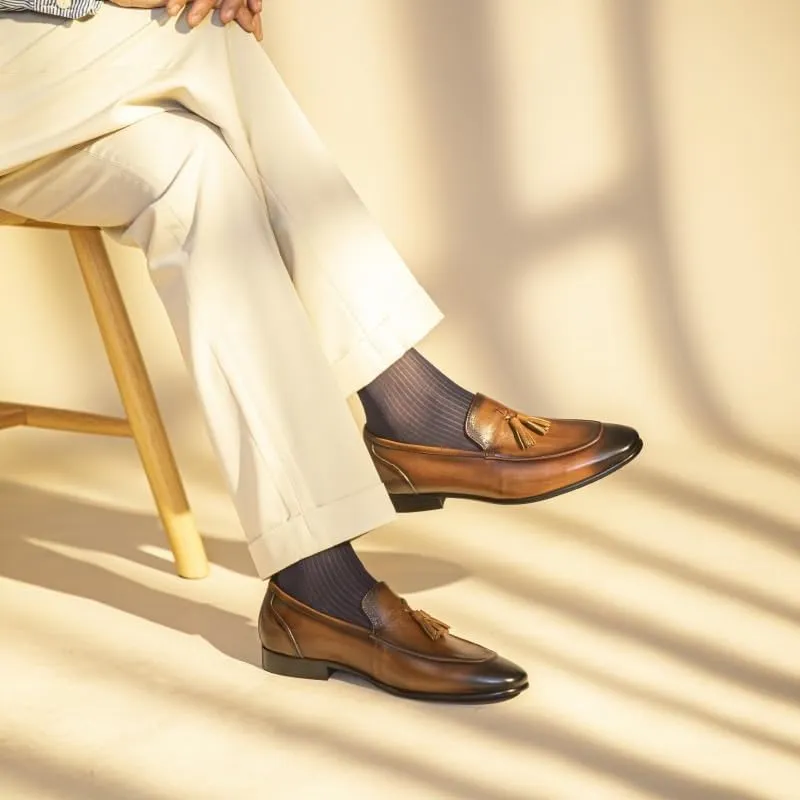 Men's Loafers - Comfortable Genuine Leather Tassel Slip-Ons with Pointed Burnished Toe, Lightweight, Anti-Slip Design for Prom, Walking, and Casual Wear