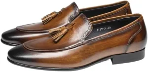 Men's Loafers - Comfortable Genuine Leather Tassel Slip-Ons with Pointed Burnished Toe, Lightweight, Anti-Slip Design for Prom, Walking, and Casual Wear