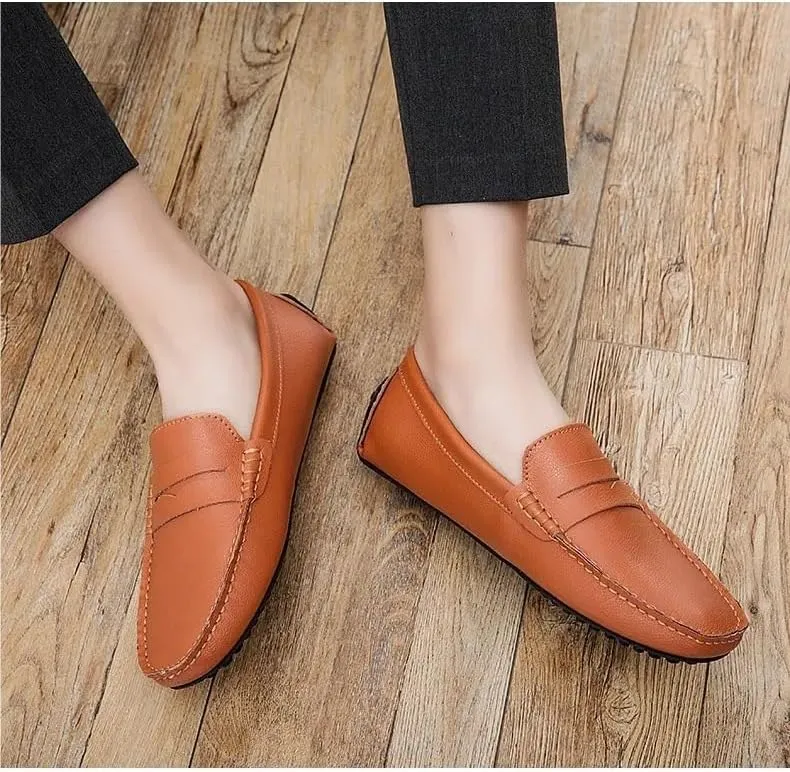 Men's Loafers Driving Shoes Lightweight Vegan Leather Slip-ons with Stitching Details, Comfortable Flexible for Fashion Weddings