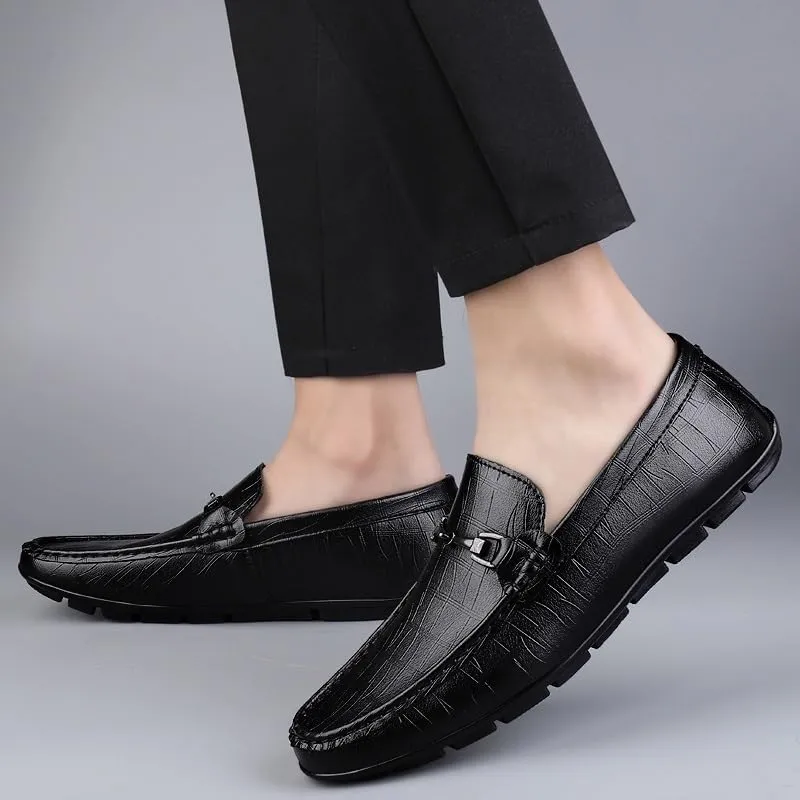 Men's Loafers – Solid Color PU Leather Driving Shoes with Stitching Details, Comfortable Anti-Slip, Flat Heel, Slip-On for Casual, Walking, and Wedding Wear