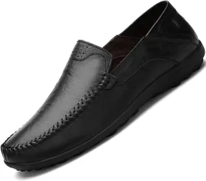 Men's Premium Genuine Leather Casual Slip Into Loafers, Breathable Driving Shoes, Fashion Slippers