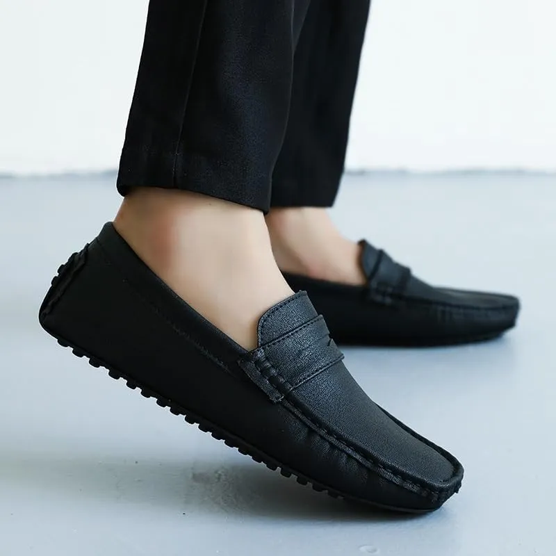 Men's PU Leather Driving Loafers - Comfortable Square Toe Loafers, Flexible Slip-On Shoes with Slip-Resistant Sole for Parties