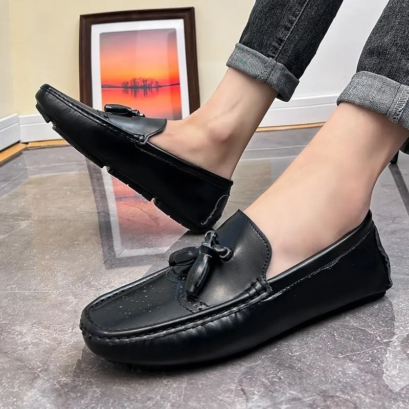 Men's Round Toe Vegan Leather Loafers -Brogue Embossed Driving Shoes with Tassel, Anti-Slip, Lightweight, Flexible Slip-Ons for Party and Outdoor Wear