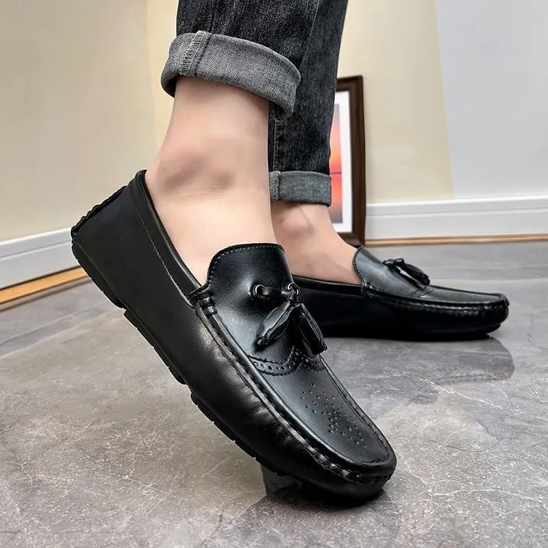 Men's Round Toe Vegan Leather Loafers -Brogue Embossed Driving Shoes with Tassel, Anti-Slip, Lightweight, Flexible Slip-Ons for Party and Outdoor Wear
