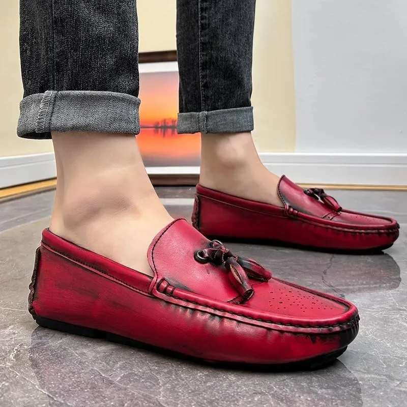 Men's Round Toe Vegan Leather Loafers -Brogue Embossed Driving Shoes with Tassel, Anti-Slip, Lightweight, Flexible Slip-Ons for Party and Outdoor Wear
