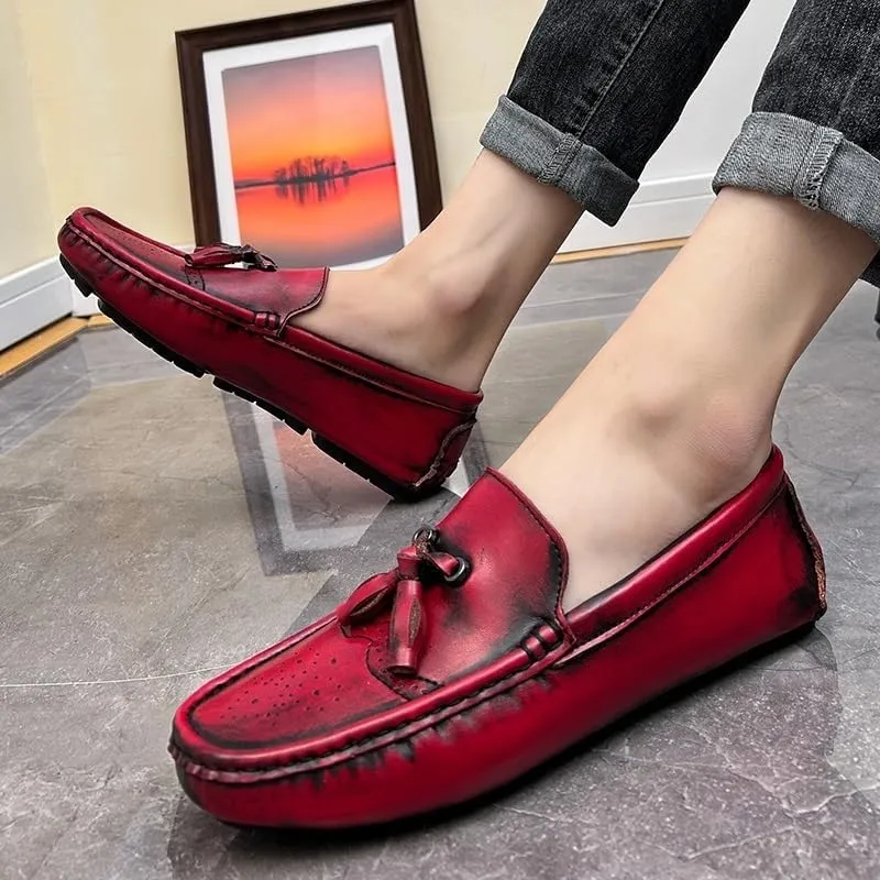 Men's Round Toe Vegan Leather Loafers -Brogue Embossed Driving Shoes with Tassel, Anti-Slip, Lightweight, Flexible Slip-Ons for Party and Outdoor Wear