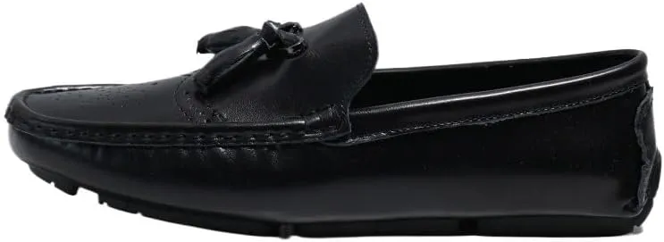 Men's Round Toe Vegan Leather Loafers -Brogue Embossed Driving Shoes with Tassel, Anti-Slip, Lightweight, Flexible Slip-Ons for Party and Outdoor Wear