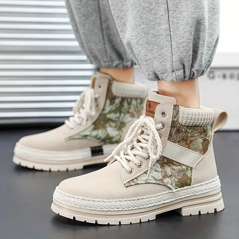 Men's Trendy High-Top PU Leather Lace-Up Hiking Boots for Outdoor Activities