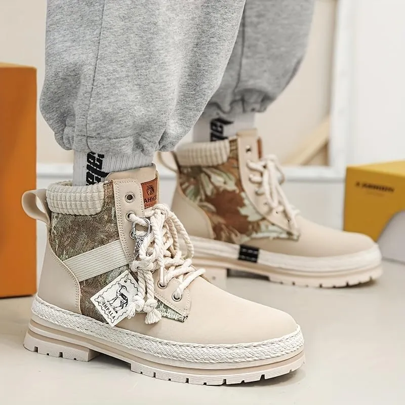 Men's Trendy High-Top PU Leather Lace-Up Hiking Boots for Outdoor Activities