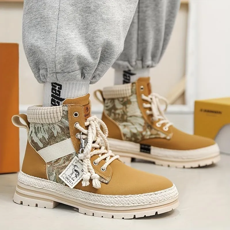Men's Trendy High-Top PU Leather Lace-Up Hiking Boots for Outdoor Activities