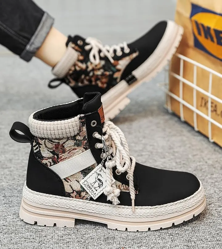 Men's Trendy High-Top PU Leather Lace-Up Hiking Boots for Outdoor Activities