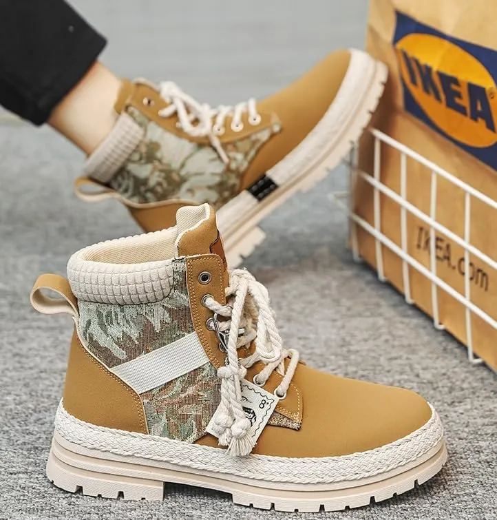 Men's Trendy High-Top PU Leather Lace-Up Hiking Boots for Outdoor Activities