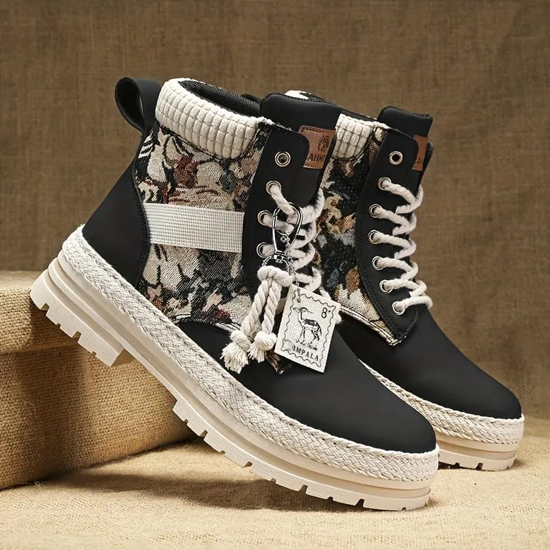 Men's Trendy High-Top PU Leather Lace-Up Hiking Boots for Outdoor Activities