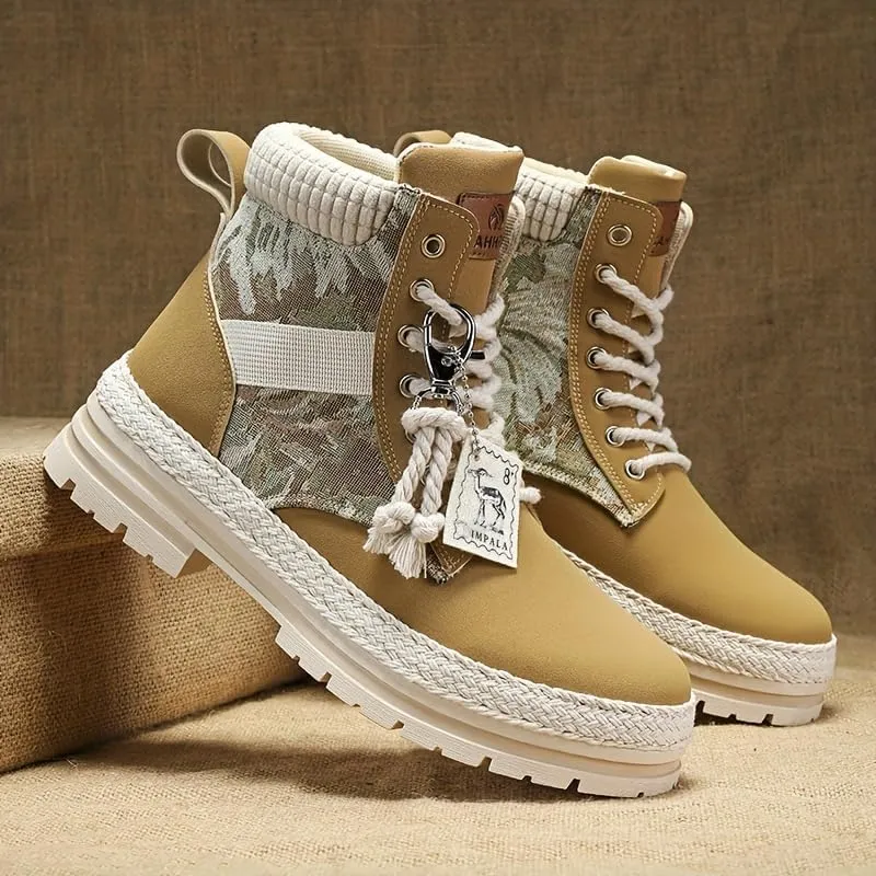Men's Trendy High-Top PU Leather Lace-Up Hiking Boots for Outdoor Activities