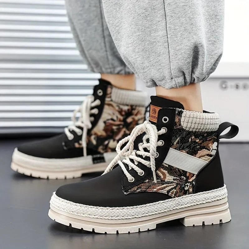 Men's Trendy High-Top PU Leather Lace-Up Hiking Boots for Outdoor Activities