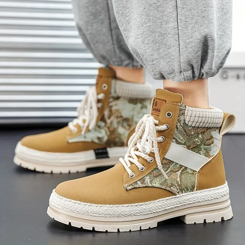 Men's Trendy High-Top PU Leather Lace-Up Hiking Boots for Outdoor Activities