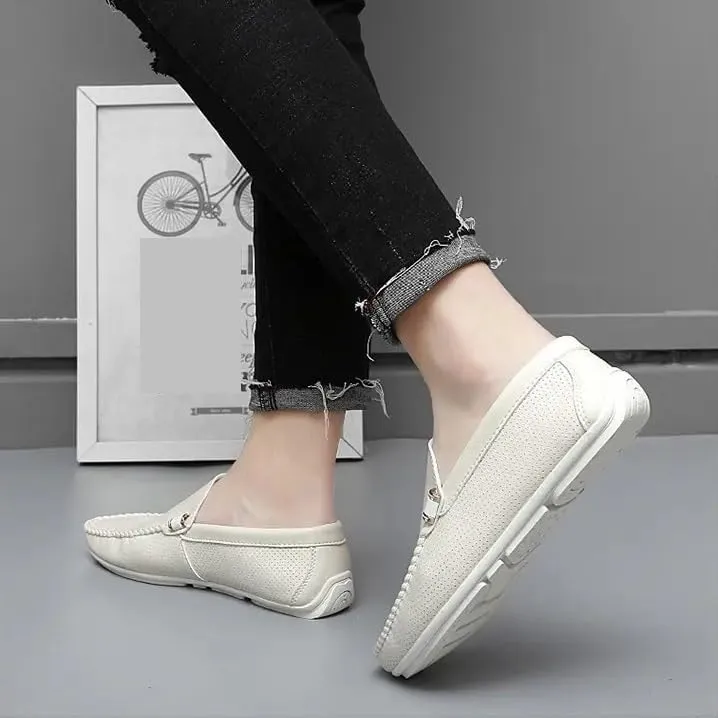 Men's Vegan Leather Loafers, Breathable Hollow Out Driving Shoes, Round Toe Lightweight Anti-Slip Comfortable Slip-Ons for Fashion Walking