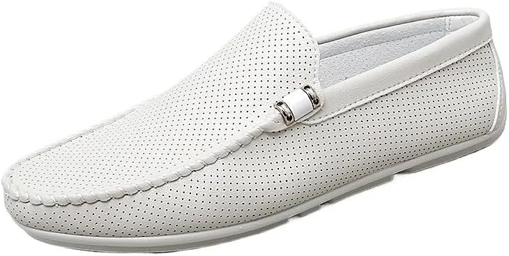 Men's Vegan Leather Loafers, Breathable Hollow Out Driving Shoes, Round Toe Lightweight Anti-Slip Comfortable Slip-Ons for Fashion Walking
