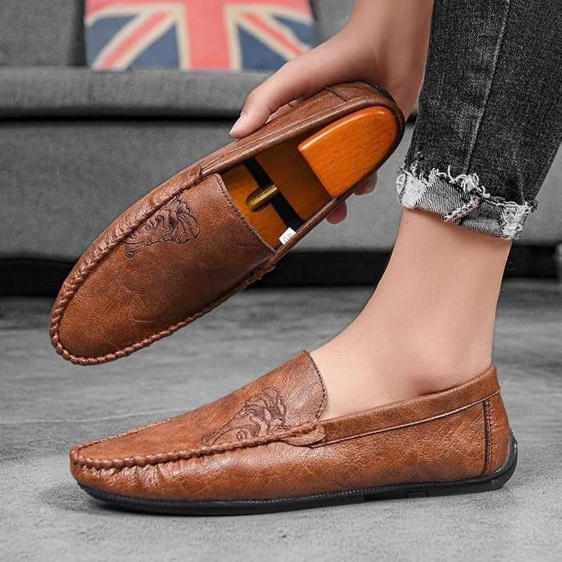 Men's Vegan Leather Loafers with Floral Pattern - Round Toe Flat Heel Flexible Slip-Resistant Driving Shoes for Casual Wear and Prom