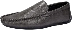Men's Vegan Leather Loafers with Floral Pattern - Round Toe Flat Heel Flexible Slip-Resistant Driving Shoes for Casual Wear and Prom