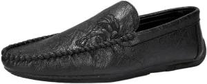 Men's Vegan Leather Loafers with Floral Pattern - Round Toe Flat Heel Flexible Slip-Resistant Driving Shoes for Casual Wear and Prom