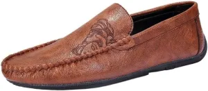 Men's Vegan Leather Loafers with Floral Pattern - Round Toe Flat Heel Flexible Slip-Resistant Driving Shoes for Casual Wear and Prom