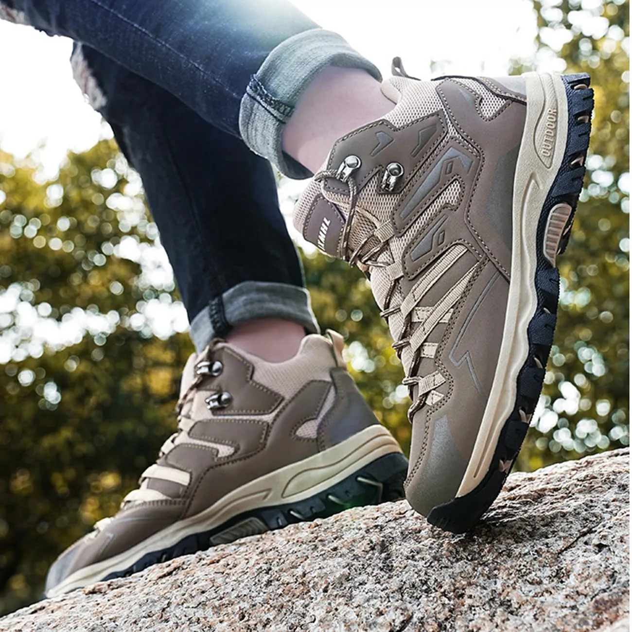 Men's Waterproof Hiking Boots High-Top Leather Non-Slip Outdoor Shoes for Mountain Trekking, Trail & Camping