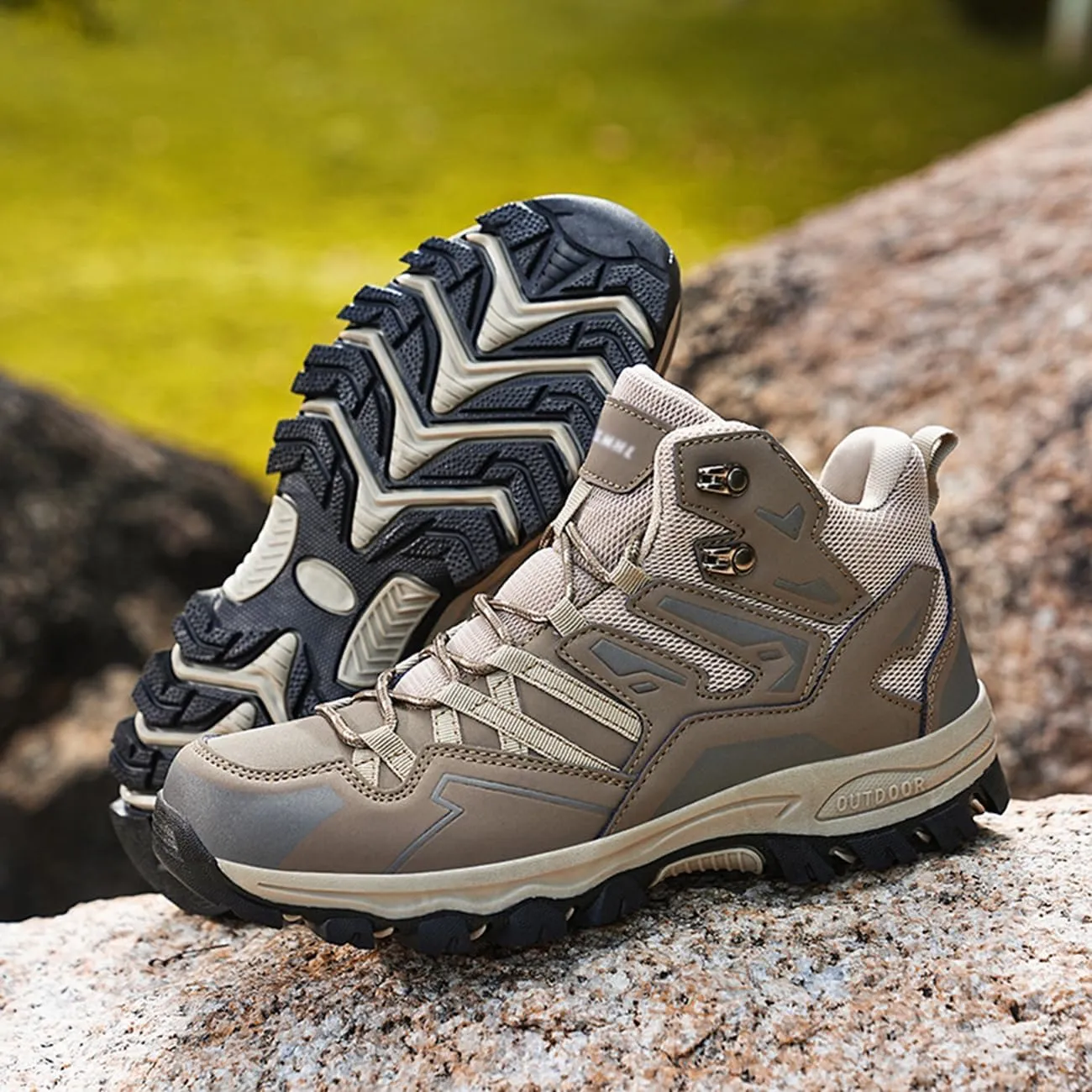 Men's Waterproof Hiking Boots High-Top Leather Non-Slip Outdoor Shoes for Mountain Trekking, Trail & Camping