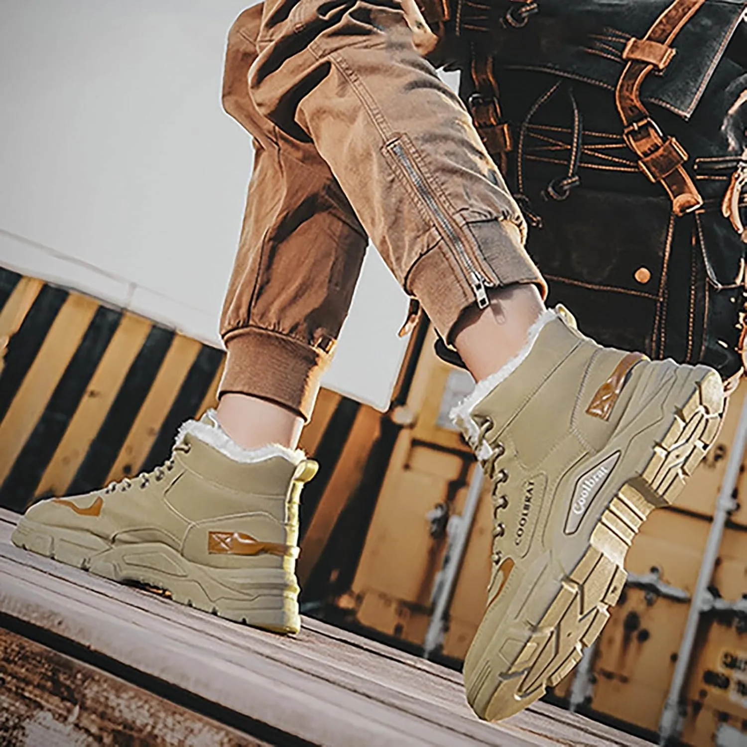 Men's Work Boots Wide Width Hiking Sneakers Warm Fur Lined Women's Working Shoes Nonslip Lightweight Outdoor Botas Mid Ankle Work Casual Hike Grounded Footwear