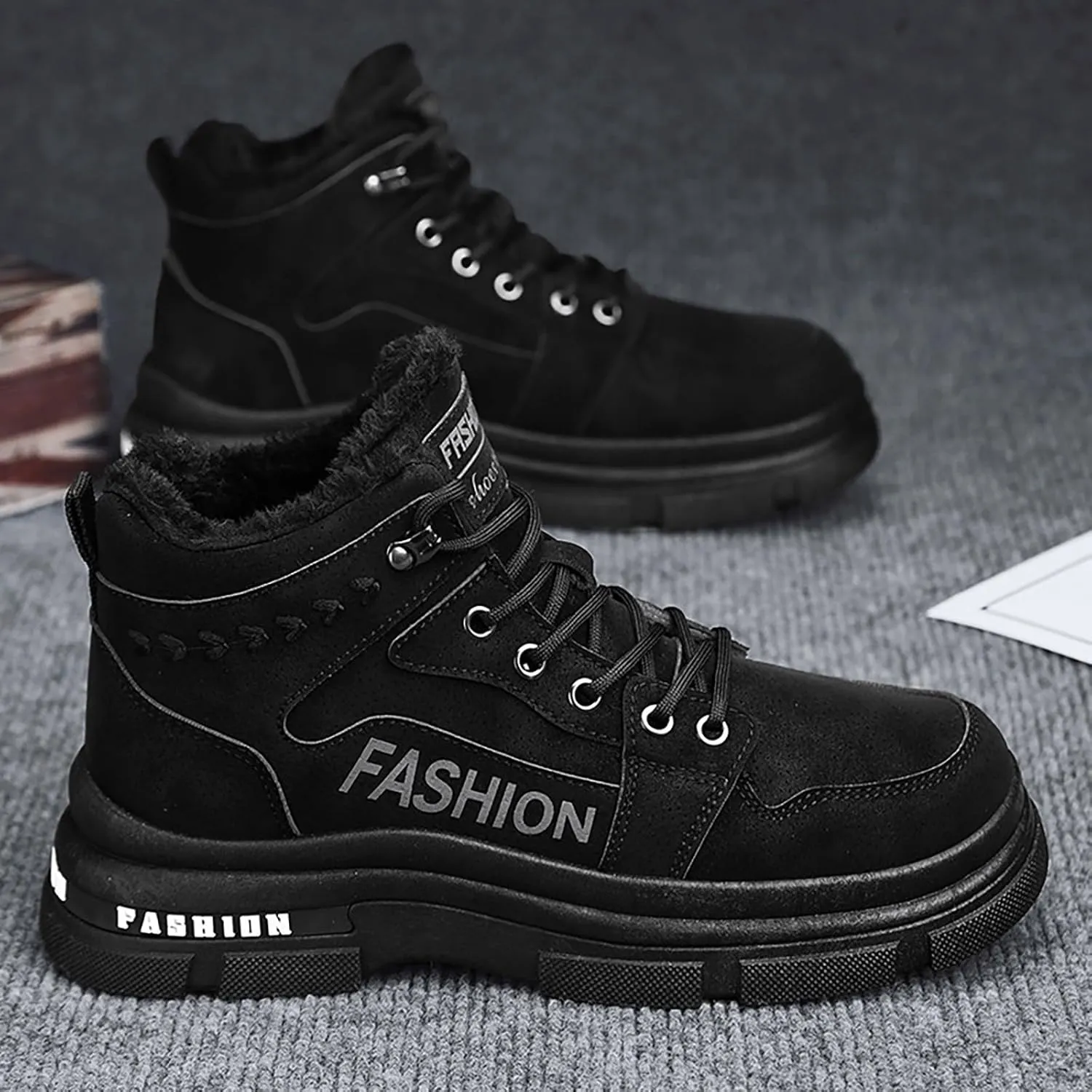 Mens Work Boots Wide Width Hiking Sneakers Zip Up Fur Lined Womens Workout Shoes with Zipper Waterproof Platform Botas Slip Resistant Hike Grounded Footwear