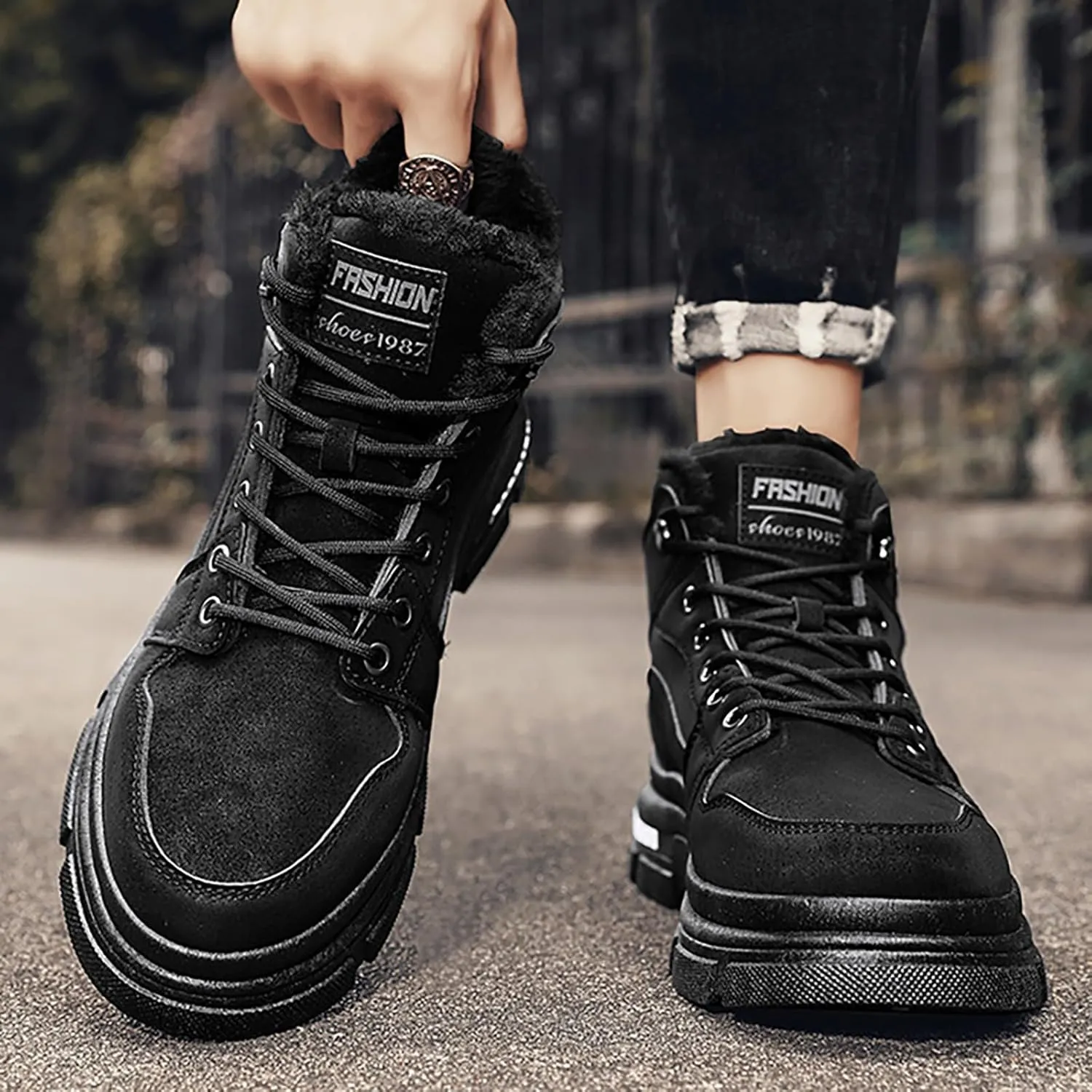 Mens Work Boots Wide Width Hiking Sneakers Zip Up Fur Lined Womens Workout Shoes with Zipper Waterproof Platform Botas Slip Resistant Hike Grounded Footwear