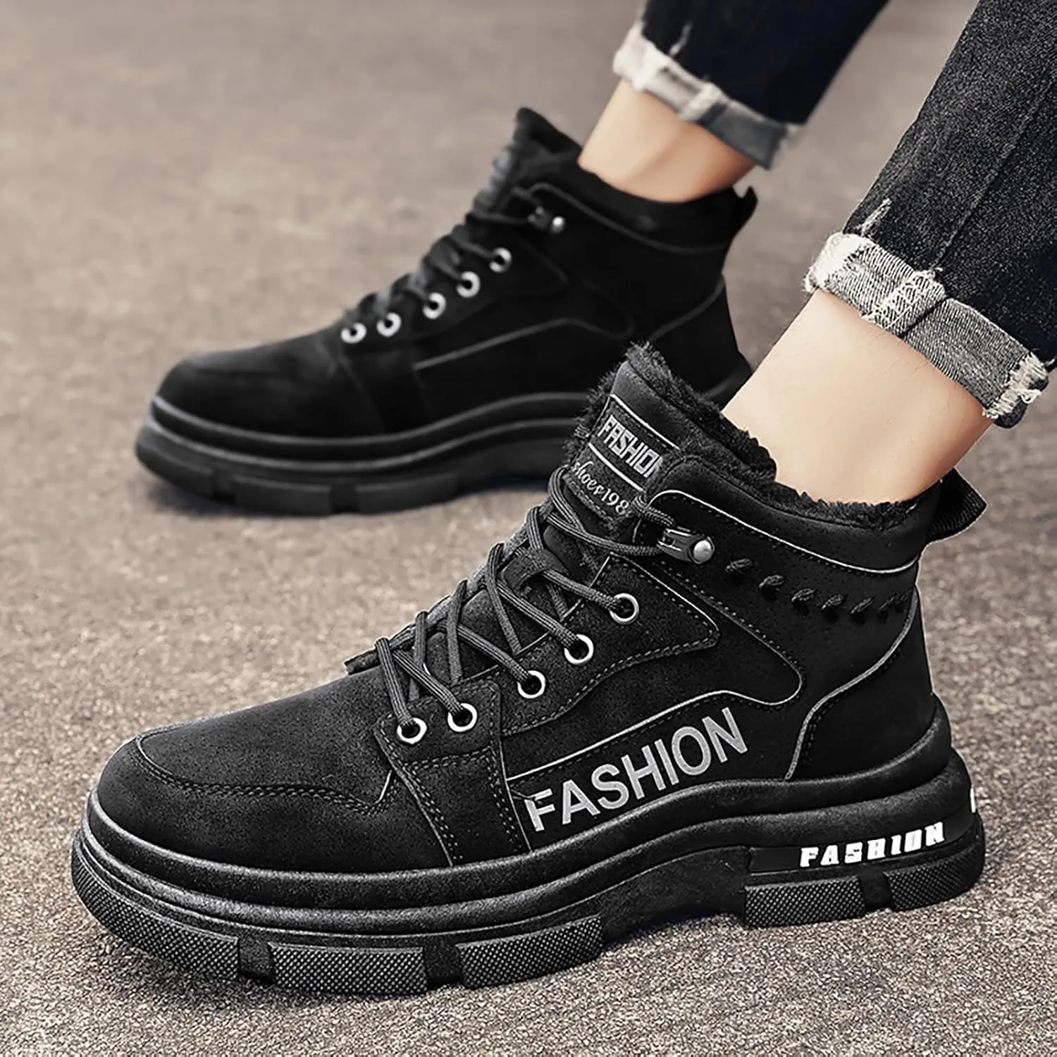 Mens Work Boots Wide Width Hiking Sneakers Zip Up Fur Lined Womens Workout Shoes with Zipper Waterproof Platform Botas Slip Resistant Hike Grounded Footwear