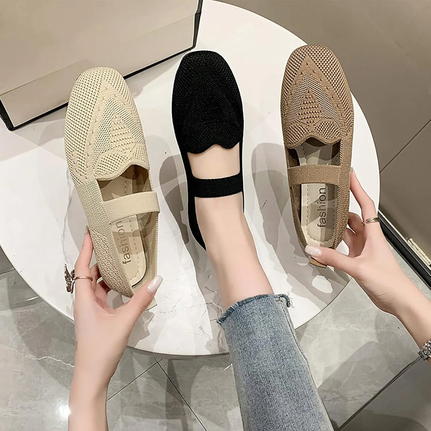 Mesh Knit Ballet Flat Shoes for Women, Classic Round Toe Flats Foldable, Walking Dress Shoes, Slip on Loafers Flats