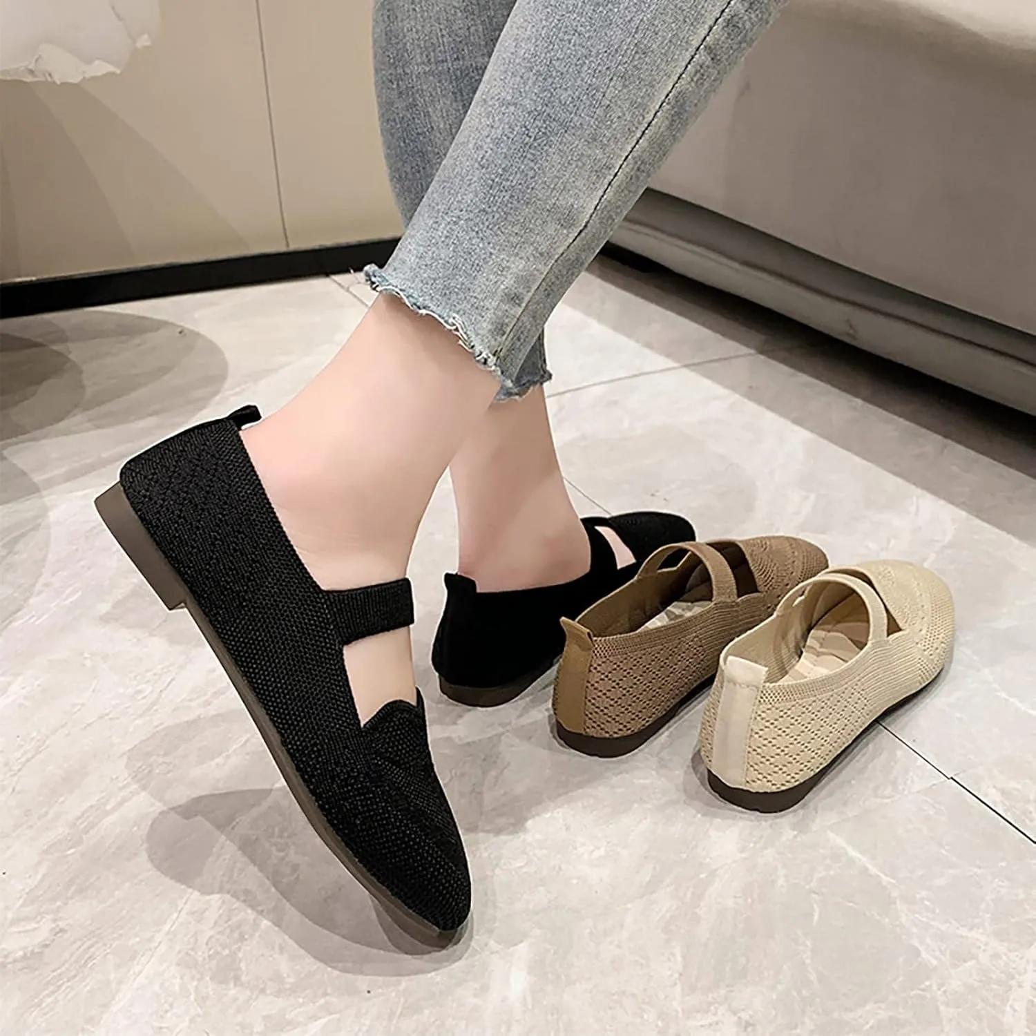 Mesh Knit Ballet Flat Shoes for Women, Walking Dress Shoes, Slip on Loafers Flats Classic Round Head Flats Foldable