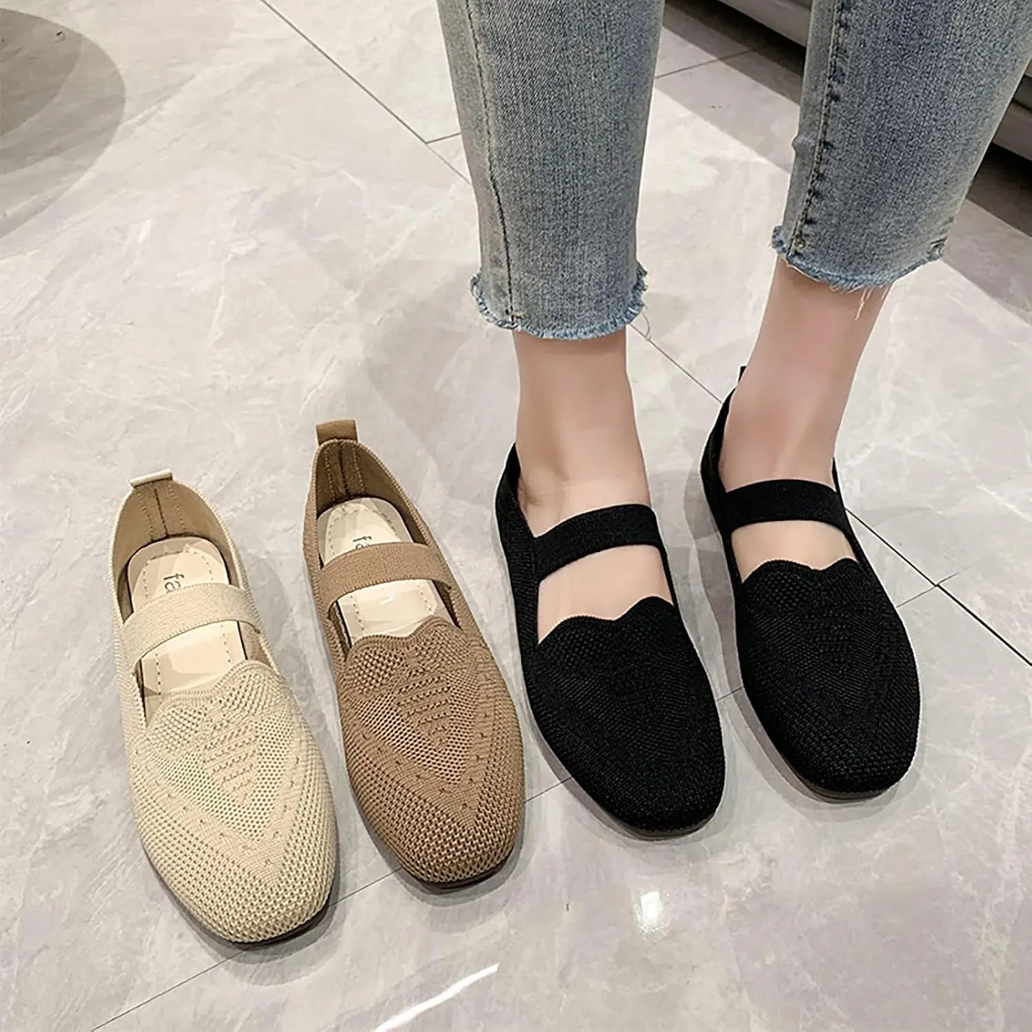 Mesh Knit Ballet Flat Shoes for Women, Walking Dress Shoes, Slip on Loafers Flats Classic Round Head Flats Foldable