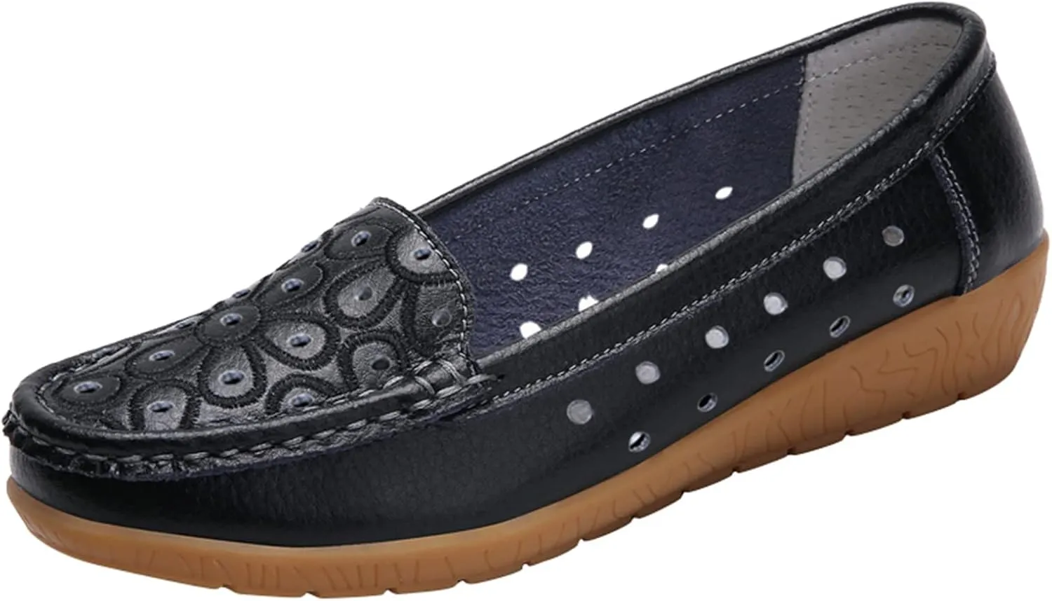 Orthopedic Slip-On Loafers for Women Hollow Out Leather Shoes Lightweight Breathable Walking Driving Shoes