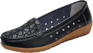 Orthopedic Slip-On Loafers for Women Hollow Out Leather Shoes Lightweight Breathable Walking Driving Shoes