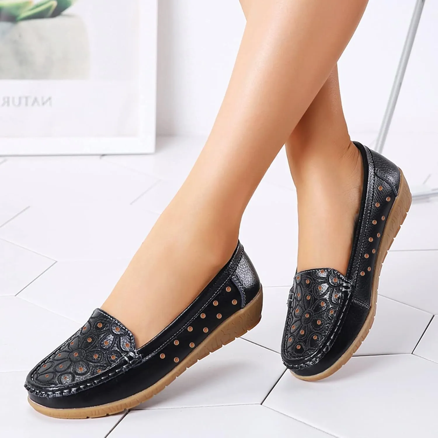 Orthopedic Slip-On Loafers for Women Hollow Out Leather Shoes Lightweight Breathable Walking Driving Shoes
