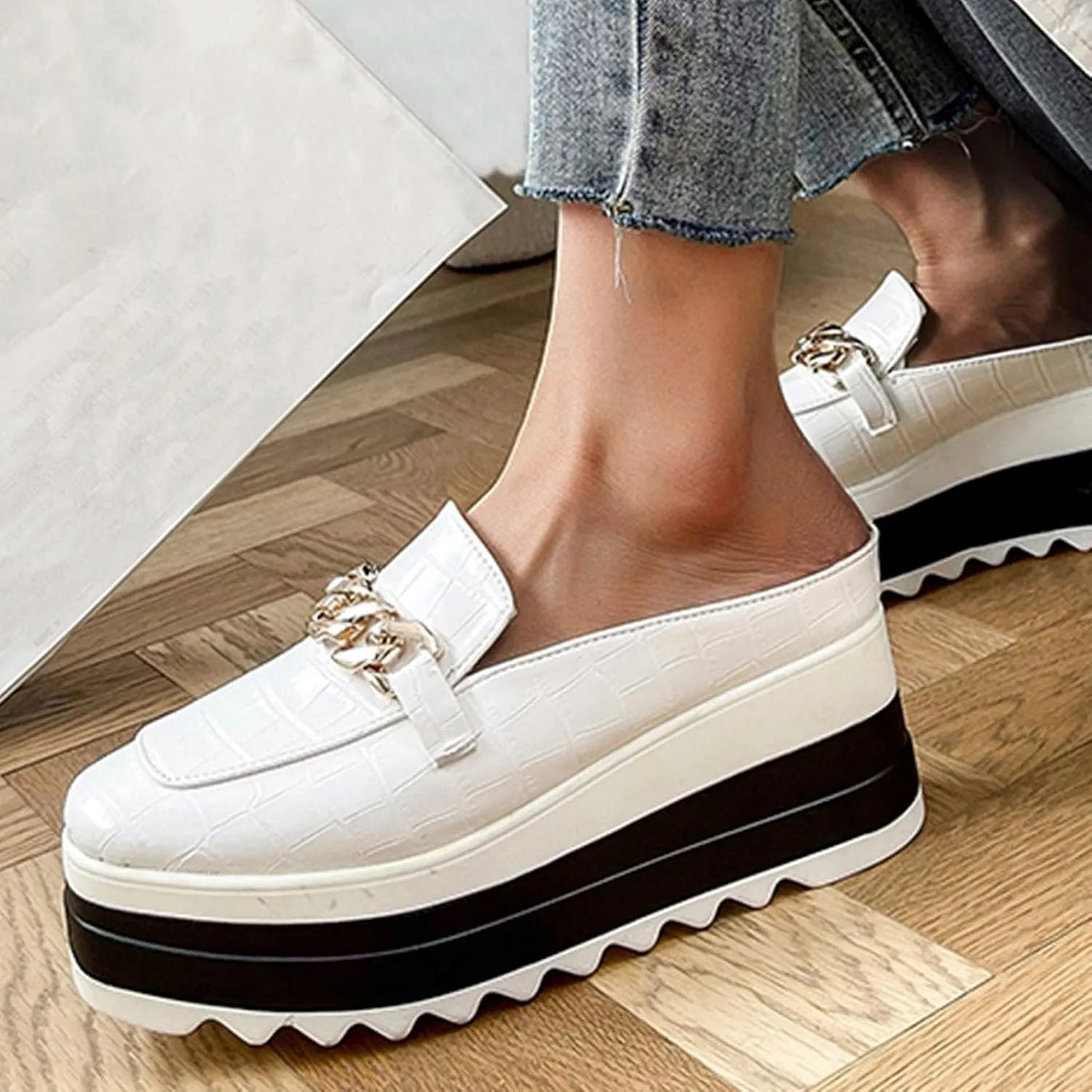 Platform Mule Slippers Shoes For Women Ladies Snake Leather Metal Chain Square Toe Chunky Bottom High Heels Slip On Loafers