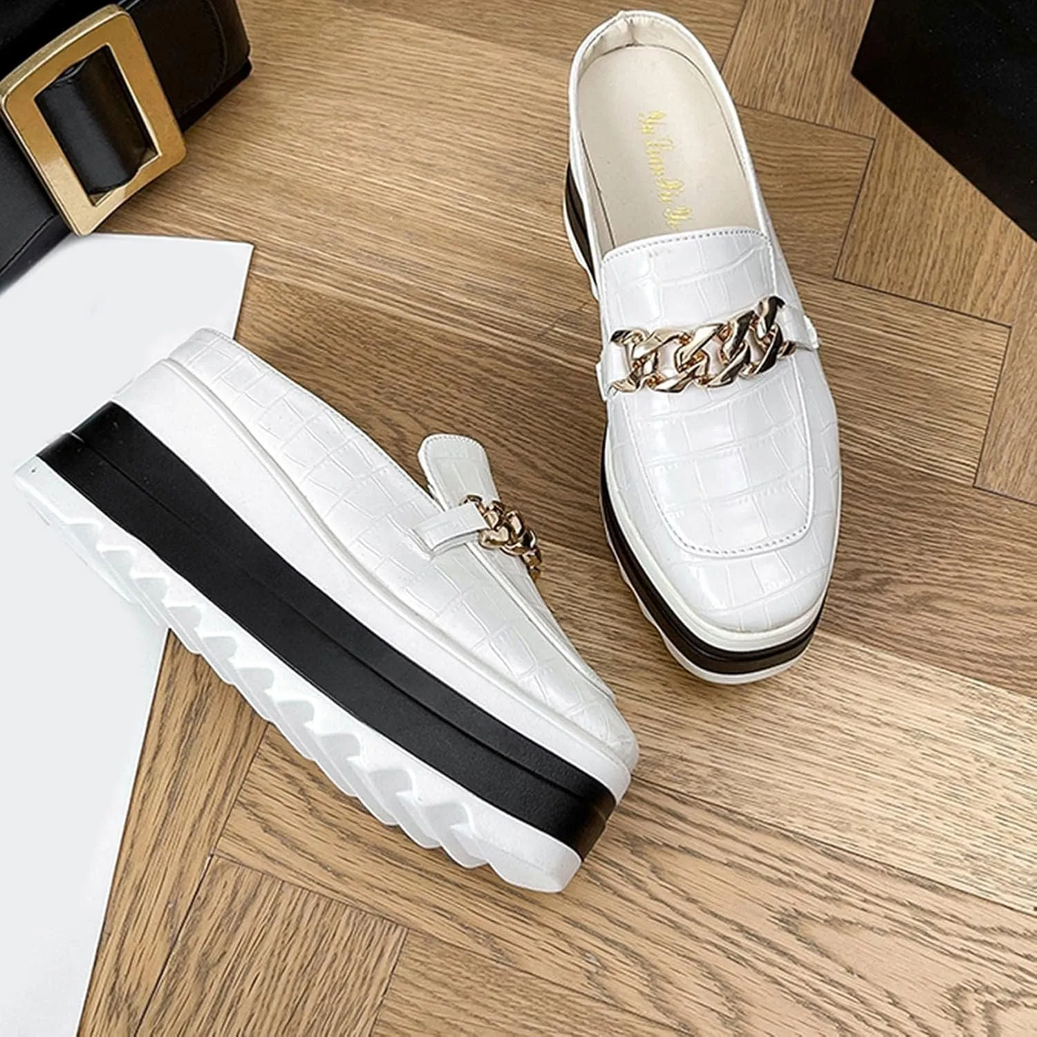 Platform Mule Slippers Shoes For Women Ladies Snake Leather Metal Chain Square Toe Chunky Bottom High Heels Slip On Loafers