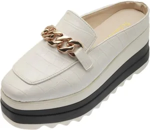 Platform Mule Slippers Shoes For Women Ladies Snake Leather Metal Chain Square Toe Chunky Bottom High Heels Slip On Loafers