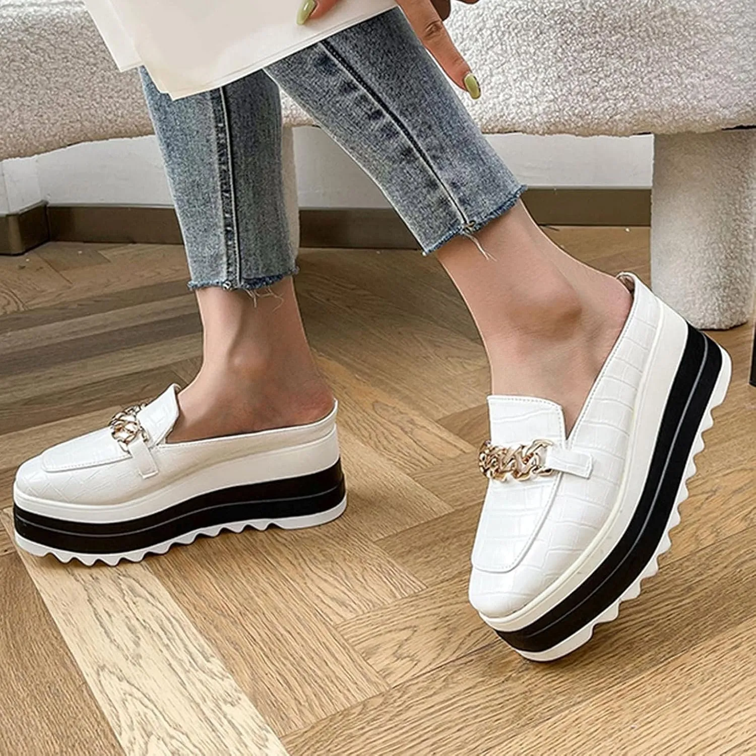Platform Mule Slippers Shoes For Women Ladies Snake Leather Metal Chain Square Toe Chunky Bottom High Heels Slip On Loafers