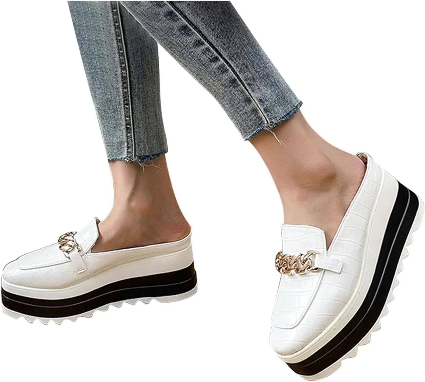 Platform Mule Slippers Shoes For Women Ladies Snake Leather Metal Chain Square Toe Chunky Bottom High Heels Slip On Loafers