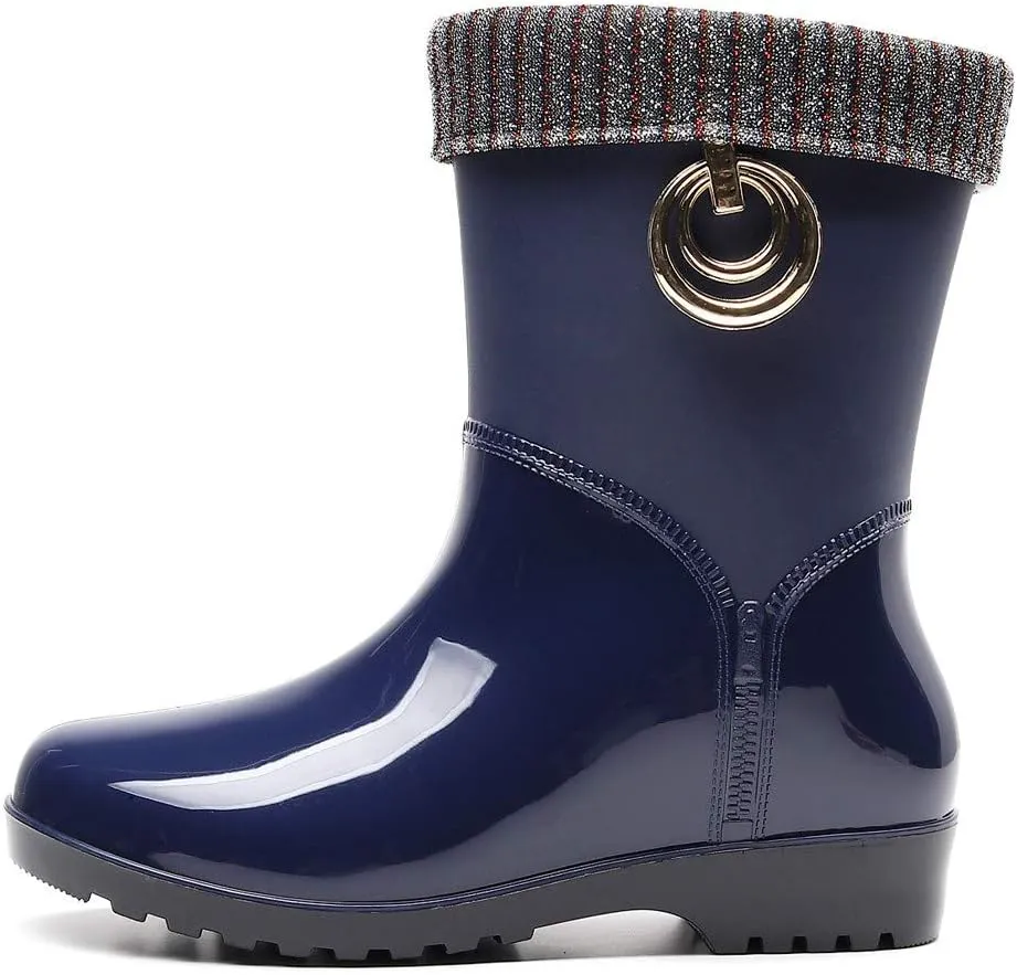 Punk Style Mid Warm Snow Boots Women's Rain Boots Outdoor Water Shoes Short Fuzzy Rain Boots